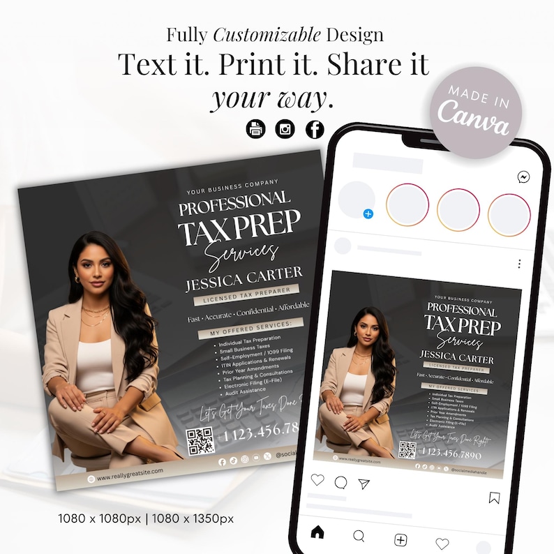 May include: A promotional graphic for tax preparation services. The design features a woman in a blazer, with the text "Professional Tax Prep Services" and the name "Jessica Carter." The design is displayed on a flyer and a smartphone.