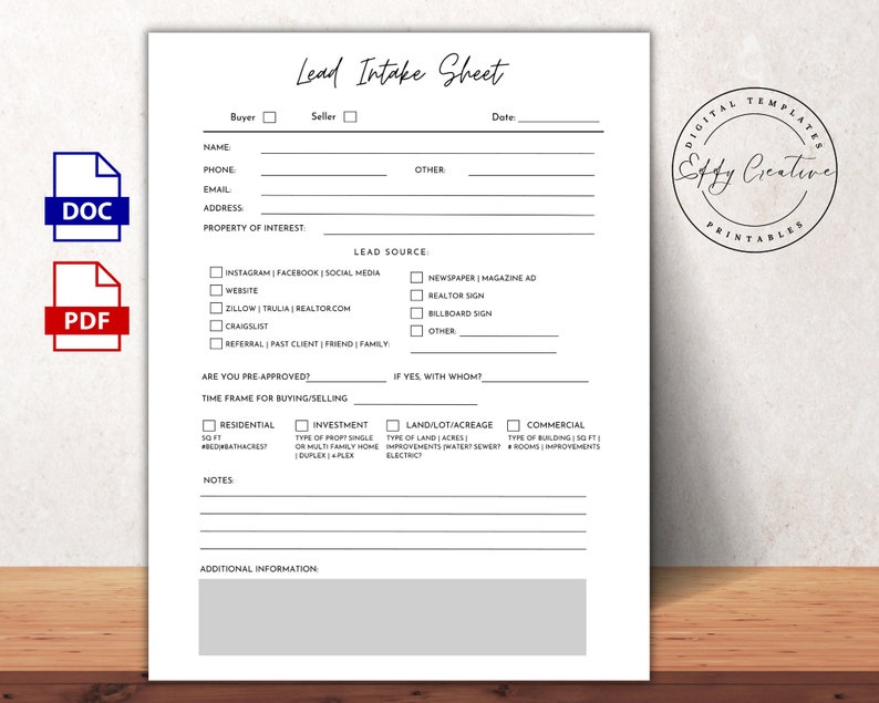 Real Estate Lead Tracker Lead Intake Sheet PDF Fillable Lead Etsy