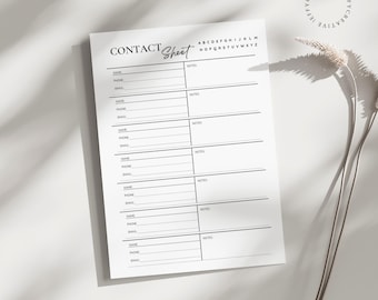 Printable Contact Sheet PDF 3 Sizes US Letter, A4, A5  Contact List Tracker Address Book Phone Log Emergency Contact Printable Contact Sheet