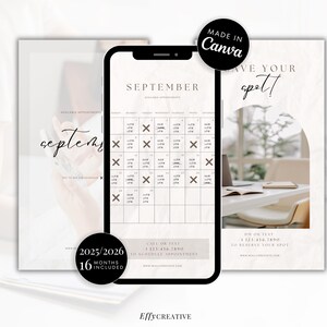 May include: A digital marketing graphic featuring a smartphone displaying a September calendar with available appointment slots. The design includes the text "Save Your Spot" and "16 Months Included". The graphic is made in Canva.