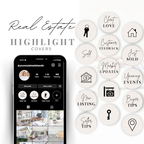 Real Estate Hightlight for Instagram, Real Estate Social Media, Real Estate Marketing, Real Estate Highlight Icons, 30 highlight covers