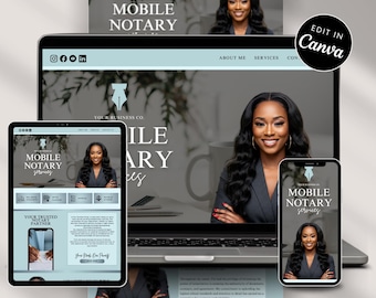 Könnte beinhalten: Eine digitale Website-Vorlage für mobile Notardienste, dargestellt auf einem Laptop, Tablet und Smartphone. Das Design zeigt ein professionelles Porträt, den Text Mobile Notary Services und ein Füllfederhalter-Symbol in einer blauen und grauen Farbpalette.