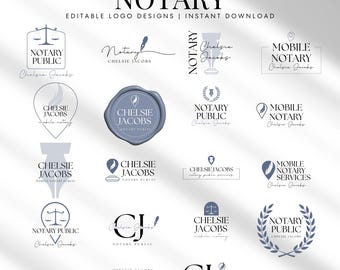 May include: A collection of twenty gray-toned notary logo designs featuring text such as NOTARY PUBLIC, CHELSIE JACOBS, and MOBILE NOTARY. The designs include icons like scales of justice, fountain pens, wax seals, and laurel wreaths on a white background.