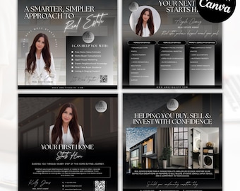 May include: Four digital real estate flyer templates featuring a professional headshot of a woman in a white blazer, dark gradient backgrounds, and white text. The designs include sections for services, contact details, and QR codes for marketing.
