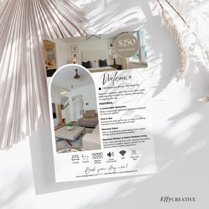 Puede incluir: Un folleto promocional con el texto "Bienvenido" y "¡Reserva tu estancia ahora!" presenta un interior y exterior de una casa. El folleto destaca servicios como 4 dormitorios, piscina y spa. El precio es de $250 por noche.