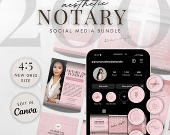 May include: A social media bundle for notaries with a pink and white color scheme. The bundle includes 20 pre-designed templates for Instagram and a set of 9 highlight covers. The text on the image reads "aesthetic NOTARY SOCIAL MEDIA BUNDLE" and "NOTARY tip TUESDAY".