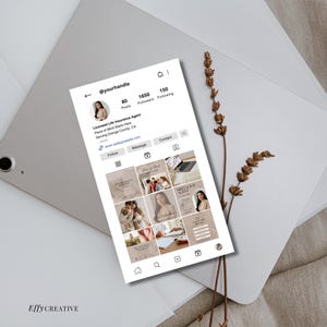 May include: A smartphone screen displaying a social media profile with the handle "@yourhandle." The profile showcases a grid of images and text, including "Licensed Life Insurance Agent." The screen is set against a neutral background with a sprig of dried flowers.