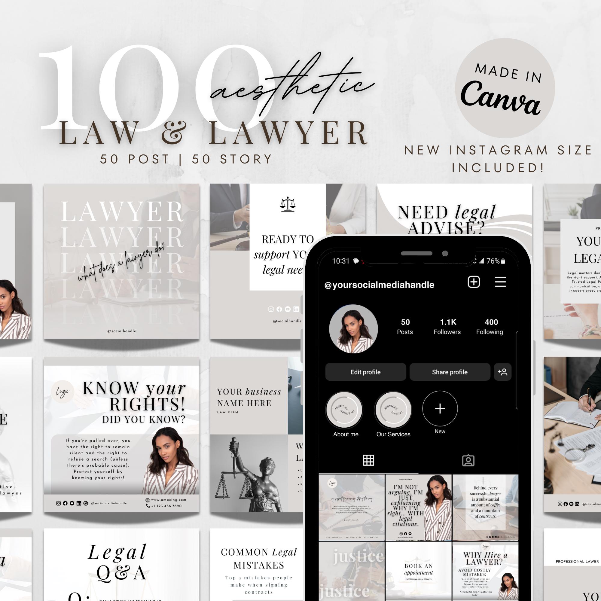 Lawyer Attorney Notary Social Media Templates | Legal Canva Post Story Kit | Law Firm Marketing Editable Bundle Law Attorney Instagram posts