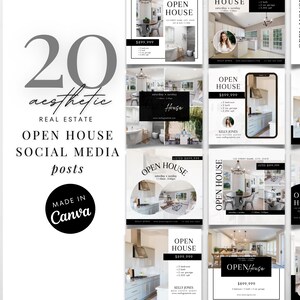 May include: A set of 20 social media post templates for real estate open houses. The templates feature a minimalist aesthetic with black and white text on a white background. The text includes the words "Open House", "House", and "Listed $899,999". The templates also include images of houses and real estate agents.