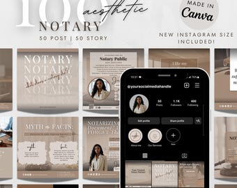 May include: A collection of social media post templates for a notary public business. The templates feature a neutral color palette of beige and brown with text that says "Notary", "Notary Public", "Myth vs Facts", "Notarizing Document? I Forget The", "I'm Not Questioning, I'm Just Verifying", "Why You Need a Notary Public", and "What Our Clients Are Saying".