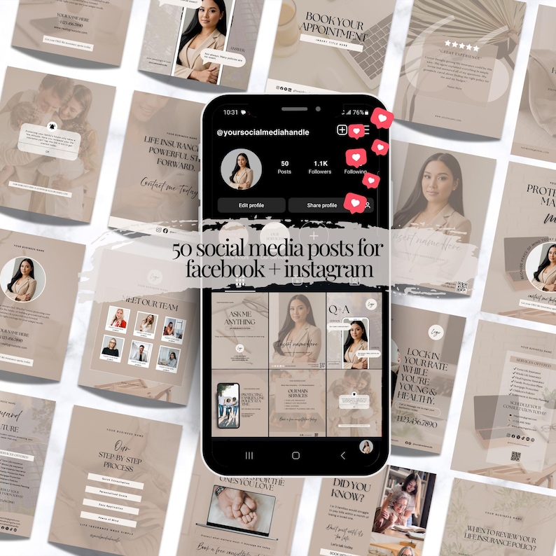 May include: A collection of 50 social media post templates for Facebook and Instagram. The templates feature a neutral color palette with images and text, including the text "Book Your Appointment" and "Life Insurance Powerful Start Forward."