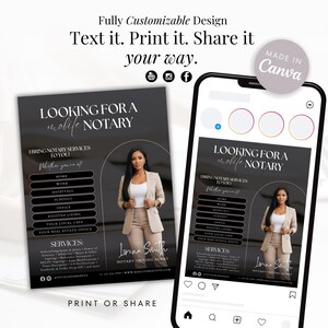 May include: A promotional graphic for a mobile notary service, featuring a woman in a blazer. The design includes the text "Looking for a mobile notary" and lists services. The graphic is displayed on a flyer and a smartphone screen.