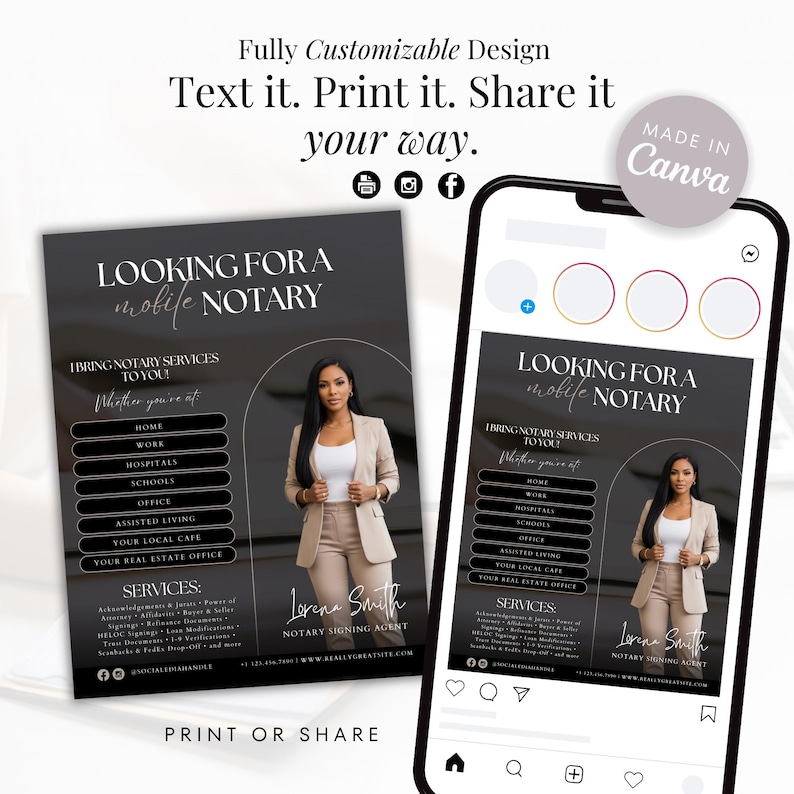 May include: A promotional graphic for a mobile notary service, featuring a woman in a blazer. The design includes the text "Looking for a mobile notary" and lists services. The graphic is displayed on a flyer and a smartphone screen.