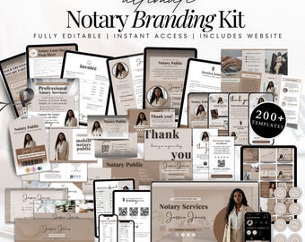 May include: A comprehensive notary branding kit with over 200 templates, including website, invoice, and thank you cards. The kit features a professional design with a neutral color palette and includes various digital and print-ready assets.