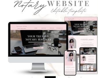 May include: A website template for a notary signing agent. The template features a pink and black colour scheme with a modern design. The text on the website says "Your Trusted Notary Services". The website also includes a logo design with a pen and the name "Tatiana Jones".