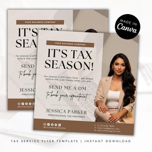 Könnte beinhalten: Zwei Flyer mit dem Text "IT'S TAX SEASON!" und "SEND ME A DM to book your appointment." Die Flyer sind beige und braun mit einem Foto einer Frau in einem Blazer. Die Flyer sind mit "TAX SERVICE FLYER TEMPLATE | INSTANT DOWNLOAD" beschriftet.