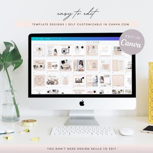 May include: A computer screen displaying a Canva template design with a grid of 36 social media post templates. The templates are in a light pink and beige color scheme with gold accents. The text on the screen reads "easy to edit" and "TEMPLATE DESIGNS | SELF CUSTOMIZABLE IN CANVA.COM". The text "EDIT IN Canva" is in a purple box on the top right corner of the screen.