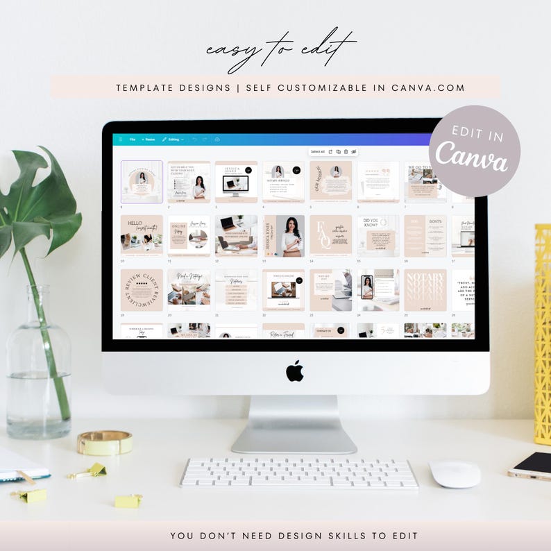 May include: A computer screen displaying a Canva template design with a grid of 36 social media post templates. The templates are in a light pink and beige color scheme with gold accents. The text on the screen reads "easy to edit" and "TEMPLATE DESIGNS | SELF CUSTOMIZABLE IN CANVA.COM". The text "EDIT IN Canva" is in a purple box on the top right corner of the screen.
