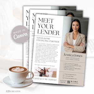 Op de afbeelding: Een witte en beige flyer met zwarte tekst die "Ontmoet uw hypotheekverstrekker" luidt en een foto van een vrouw met gekruiste armen toont. De flyer adverteert voor hypotheekdiensten en bevat de tekst "Uw partner voor hypotheken" en "Neem vandaag nog contact met me op!" samen met de naam "Jessica Jones" en de titel "Hypotheekadviseur".