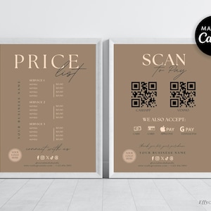 May include: Two rectangular signs with a tan background and white text. The left sign is titled PRICE list with service placeholders. The right sign is titled SCAN to Pay with two QR codes for CashApp and Venmo, plus payment icons.
