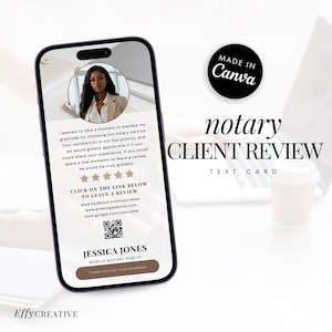 Modelo de solicitação de avaliação de cliente editável no Canva - Cartão de mensagem de acompanhamento de notário para download digital para provedores de serviços e pequenas empresas