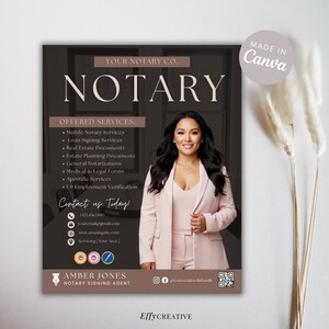 Op de afbeelding: Een zwart-witte visitekaartje met de tekst "YOUR NOTARY CO. NOTARY" in een groot, vet lettertype. De kaart bevat ook een foto van een vrouw in een roze blazer, een lijst met aangeboden diensten, contactgegevens en de tekst "AMBER JONES NOTARY SIGNING AGENT".