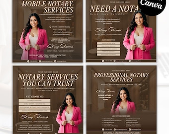 May include: Four digital flyers promoting notary services. Each flyer features a woman in a pink blazer. Text includes "Mobile Notary Services," "Need a Notary," "Notary Services You Can Trust," and "Professional Notary Services."