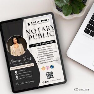 May include: A black and white business card with a photo of a woman in a white shirt. The card reads "Amber Jones, Notary Signing Agent, Certified | Bonded | Insured" and lists contact information and services offered, including mobile notary services, loan signing services, real estate documents, estate planning documents, general notarizations, medical & legal forms, apostille services, and I-9 employment verification.