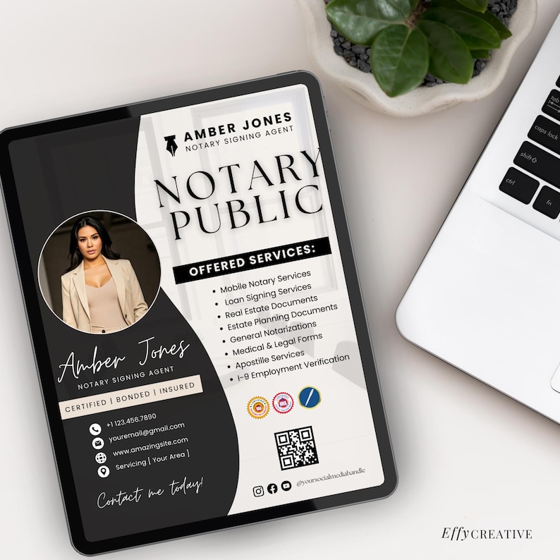 May include: A black and white business card with a photo of a woman in a white shirt. The card reads "Amber Jones, Notary Signing Agent, Certified | Bonded | Insured" and lists contact information and services offered, including mobile notary services, loan signing services, real estate documents, estate planning documents, general notarizations, medical & legal forms, apostille services, and I-9 employment verification.
