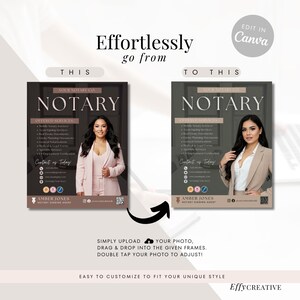 Op de afbeelding: Een voor-en-na mockup die laat zien hoe je gemakkelijk een visitekaartje sjabloon kunt aanpassen. De sjabloon heeft een donkerbruine achtergrond met de tekst "YOUR NOTARY CO" en "NOTARY" in wit. De sjabloon bevat ook een foto van een vrouw in een roze blazer. De tekst "Effortlessly go from THIS to THIS" wordt boven de mockups weergegeven.