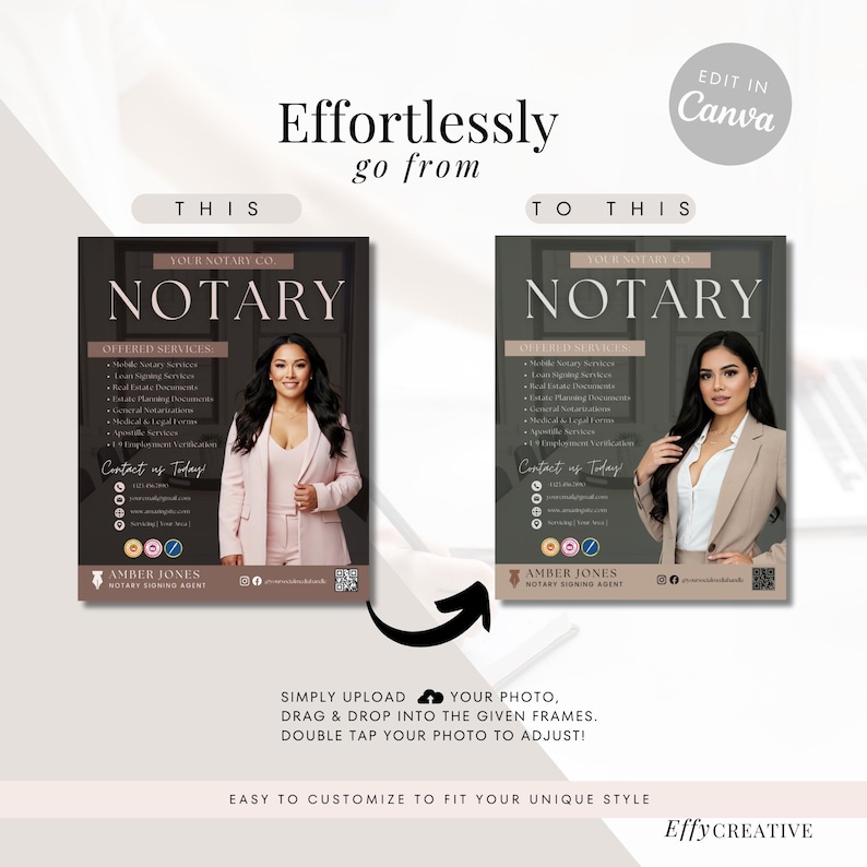 Op de afbeelding: Een voor-en-na mockup die laat zien hoe je gemakkelijk een visitekaartje sjabloon kunt aanpassen. De sjabloon heeft een donkerbruine achtergrond met de tekst "YOUR NOTARY CO" en "NOTARY" in wit. De sjabloon bevat ook een foto van een vrouw in een roze blazer. De tekst "Effortlessly go from THIS to THIS" wordt boven de mockups weergegeven.
