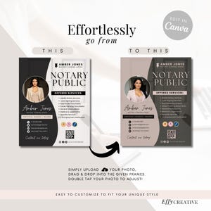 May include: A before and after mockup showing how to customize a business card for a notary public. The original card has a black background with a white border and a photo of a woman in the top left corner. The text "Amber Jones Notary Signing Agent" is in white text above the text "Notary Public" in a larger font. The customized card has a light brown background with a black border and a photo of a woman in the top left corner. The text "Amber Jones Notary Signing Agent" is in white text above the text "Notary Public" in a larger font. The text "Effortlessly go from this to this" is above the cards.