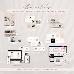 May include: A digital marketing kit for notary services. The kit includes a rack card, banners for social media platforms like Facebook, YouTube, and LinkedIn, email signature templates, logos, branding colors, and a social media kit.