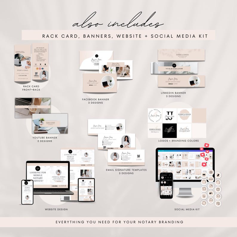 May include: A digital marketing kit for notary services. The kit includes a rack card, banners for social media platforms like Facebook, YouTube, and LinkedIn, email signature templates, logos, branding colors, and a social media kit.