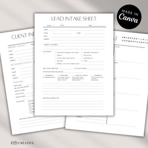 Può includere: Un modulo di acquisizione lead bianco con testo nero che include sezioni per le informazioni su acquirente e venditore, contatti, proprietà, fonti di lead e finanziamenti, con caselle di controllo e un logo Made in Canva.