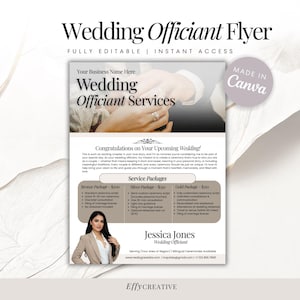 Puede incluir: Un folleto publicitario para servicios de oficiante de bodas. El folleto presenta las manos de una pareja con un anillo de bodas, una foto del oficiante y una descripción de los servicios ofrecidos, incluidos tres paquetes diferentes: Bronce, Plata y Oro. El folleto también incluye el nombre del oficiante, su sitio web y su información de contacto.