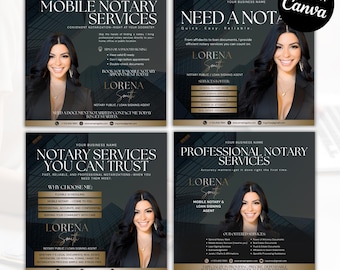 May include: Four digital flyers with a dark background promoting notary services. Each flyer features a smiling woman and text detailing services offered, including mobile notary and loan signing. The flyers are labeled "Mobile Notary Services", "Need a Nota", "Notary Services You Can Trust", and "Professional Notary Services".