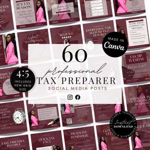 Könnte beinhalten: Sammlung von 60 Social-Media-Beiträgen für professionelle Steuerberater, verfügbar als sofortiger Download. Die Beiträge sind in einem 4:5-Rasterformat gestaltet. Das Design verwendet ein weinrotes und weißes Farbschema mit Bildern einer Frau in einem rosa Blazer.