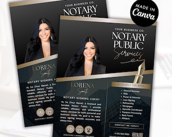 May include: Two flyers with a woman's photo, promoting notary public services. The design features a black and gold color scheme with the text "NOTARY PUBLIC SERVICES" and "LORENA Smith, NOTARY SIGNING AGENT."