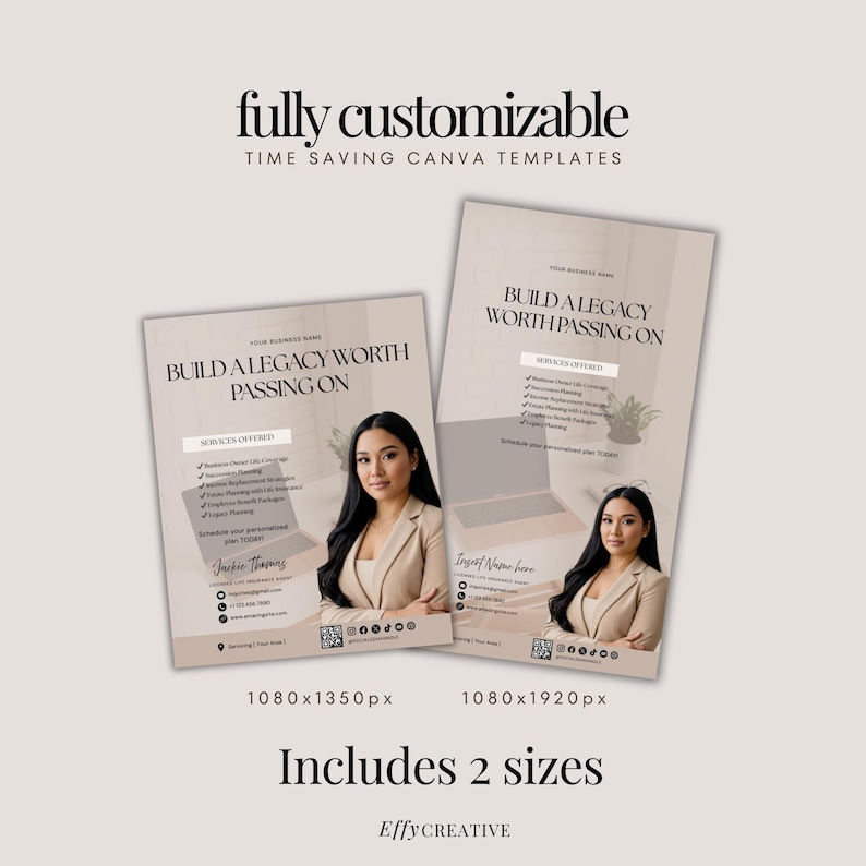 May include: Two Canva templates with the text "Build a Legacy Worth Passing On" and "Fully Customizable". Each template features a woman in a blazer. The templates are available in two sizes: 1080x1350px and 1080x1920px.