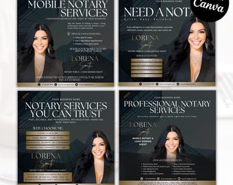 May include: Four digital flyer templates for mobile notary services featuring a professional woman in a black blazer. The dark, modern designs include text fields for business name, contact details, and service lists, with gold accents and a clean layout.