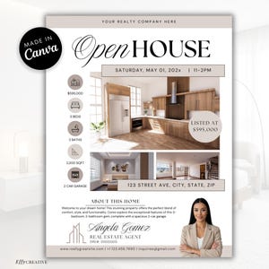 Flyer opendeurdag makelaar | Vastgoedmarketingbrochure | Bewerkbare canvassjabloon | Digitaal afdrukken of delen