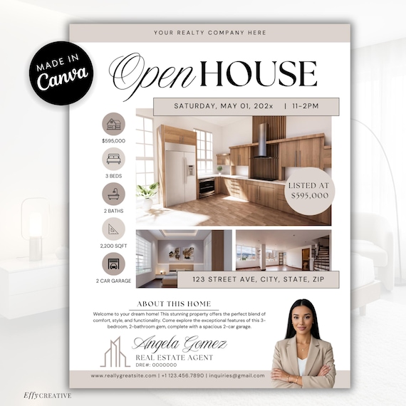 Realtor Open House Flyer | Real Estate Marketing Brochure | Editable Canva Template | Print or Share Digitally