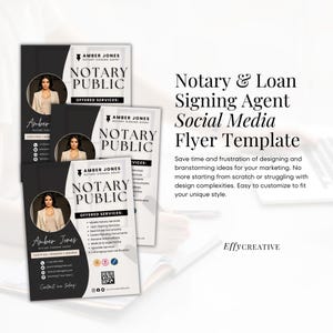 May include: A social media flyer template for a notary and loan signing agent. The flyer features a black and white design with a photo of a woman in a professional outfit. The text on the flyer reads "Notary & Loan Signing Agent Social Media Flyer Template".