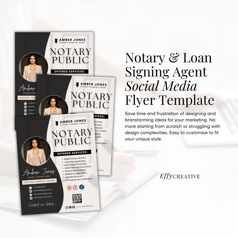 May include: A social media flyer template for a notary and loan signing agent. The flyer features a black and white design with a photo of a woman in a professional outfit. The text on the flyer reads "Notary & Loan Signing Agent Social Media Flyer Template".