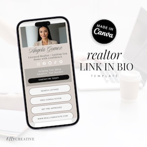 May include: A smartphone displays a realtor's contact information, including a photo, name, and social media icons. The screen also features call-to-action buttons for search listings, free consultation, and pre-approval. The design is a template made in Canva.