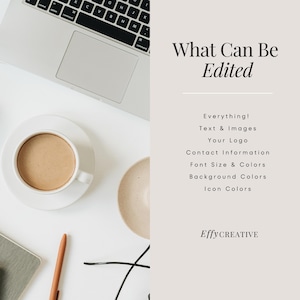 May include: A top-down view of a workspace with a laptop, a cup of coffee, a pen, and a notepad. Text on the right side reads "What Can Be Edited" and lists editable elements. The EffyCreative logo is at the bottom.