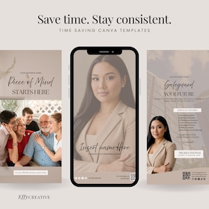 May include: A promotional image for Canva templates. The image features a smartphone displaying a woman in a blazer, and two other templates with text: "Piece of Mind Starts Here" and "Safeguard Your Future". The text "Save time. Stay consistent." is at the top.