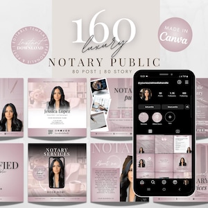 May include: A pink and white digital marketing template for a notary public business. The template features a photo of a woman in a professional setting, along with text that says "Notary Public" and "160 luxury".