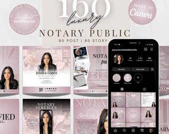 May include: A pink and white digital marketing template for a notary public business. The template features a photo of a woman in a professional setting, along with text that says "Notary Public" and "160 luxury".